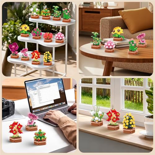 KOJAYHOL 12 Pack Flowers Succulent Party Favors for Kids Building Set, 1001 Pcs Botanical Bonsai DIY Creative Mini Buildin...