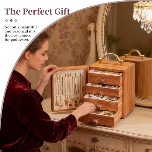 KAOTGOT Wooden Jewelry Box for Women Walnut Wooden Jewelry Box with handle 4-Tier Jewelry Organizer for Rings, Necklaces