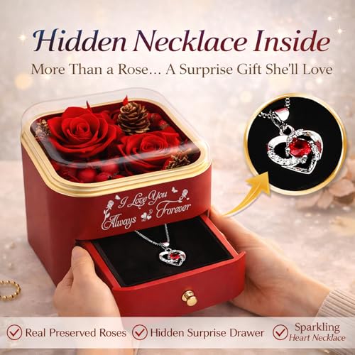 minstely Preserved Rose Gift Box with Necklace for Women, Forever Real Rose Jewelry Box for Mom Wife Girlfriend, Red Flowe...