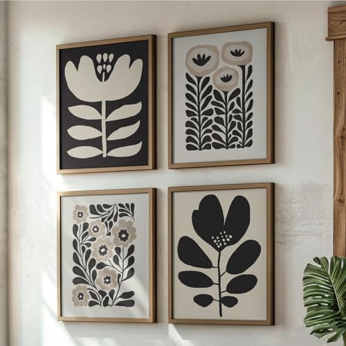 JXREQ Vinatge Boho Abstract Matisse Floral Wall Art, Mid Century Modern Abstract Black and Beige Floral Wall Decor for Hom...