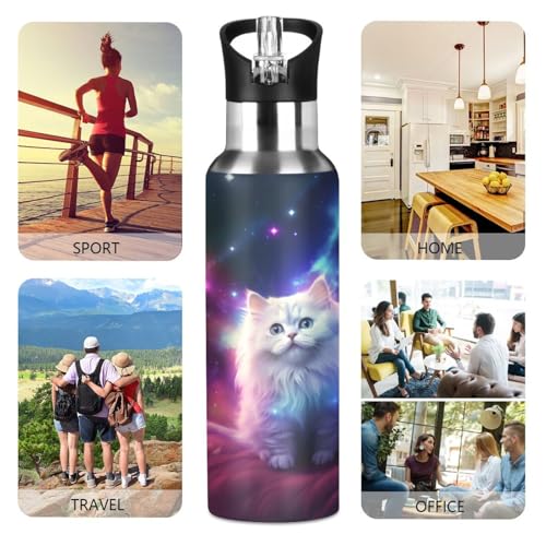senya 20 Oz Water Bottle with Straw White Cat in The Galaxy Stainless Steel Water Bottle for Traveling Sports Leakproof In...