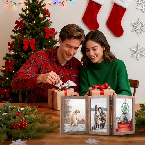 TOFOREVO 4x6 3 Picture Frame Triple Wooden Three Hinged Photo Frame Definition Glass Stand Vertically on Desktop or Tabletop