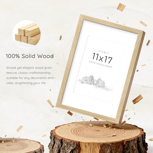 Picrit 11x17 Picture Frame Natural Wood Set of 2, Solid Wood with Black Backboard, Displays 8x12 with Mat or 11 x 17 Witho...