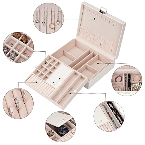 ATAIMEISEN Jewelry Organizer Box for Girls Women - Double Layer Large Travel Jewelry Case with Gift Box/White