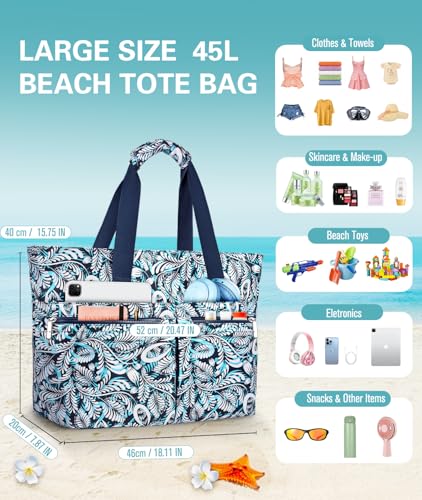 HUANLANG Large Beach Bags for Women Pool Bag with Zipper, Waterproof Sandproof Beach Tote Travel Bag with Wet Pocket | Wat...