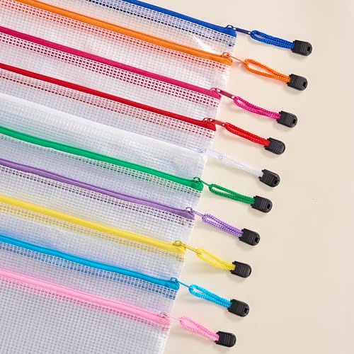 JARLINK A4 Letter Size 24 Pack 10 Colors Zipper Mesh Document Pouch, Mesh Bags for Board Games & Puzzles, Waterproof Docum...