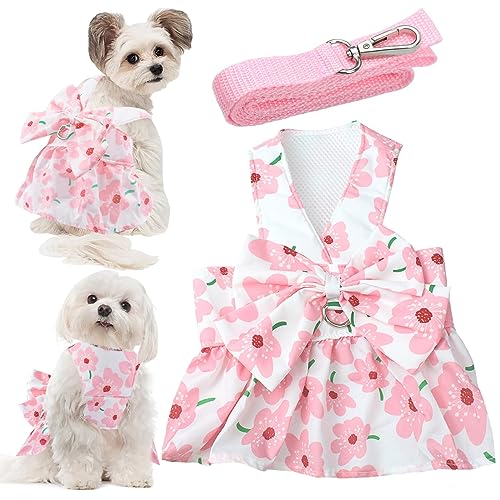 Dog Dress Bowknot Harness Leash Set for Small Girl Dogs Pink Floral Dog Cat Clothes Cute Puppy Outfits Pet Clothes Spring ...