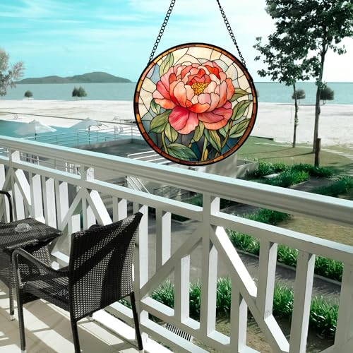 HWRHTR Stained Glass Window Hanging - Pink Peony Floral Suncatcher for Door Garden Yard Birth Flower Sun Catchers Decor Ch...