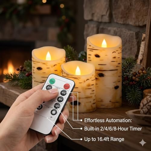 Comenzar Flameless Candles Birch Bark Texture, Flickering Flame Battery Operated LED Candles, Electric Plastic Candles wit...