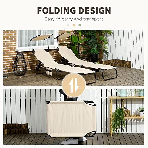 Outsunny Folding Chaise Lounge Pool Lounge Chairs Set of 2, Outdoor Sun Tanning Chairs with Canopy Shade, Reclining Back, ...