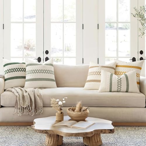 MIULEE Set of 2 Sage Green Boho Decorative Pillow Covers 18x18 Inch Farmhouse Rustic Couch Throw Pillows Modern Summer Cot...