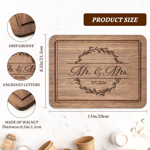 Craftique Wedding Gifts for Couples 2026, Bridal Shower Gifts- Walnut Wood Cutting Board Engraved with Mr. and Mrs. EST. 2...
