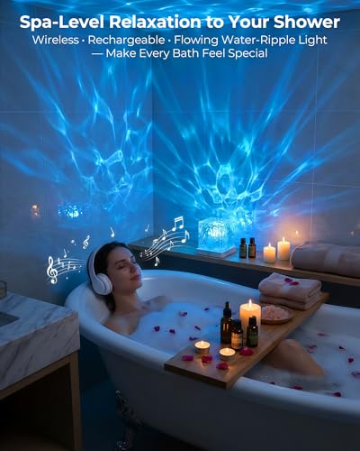 Rechargeable Shower Light No Wiring, 16 Color Changing Ocean Wave Lamp Projector, Waterproof Shower Mood Light Cube with R...