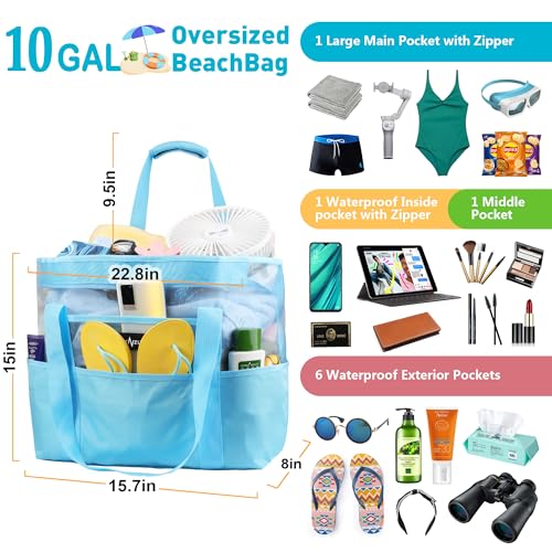 ZUXNZUX Mesh Beach Bag - Large Waterproof Beach Tote Bag with Zipper, Oversized Foldable Lightweight Family Swim Bag Vacation