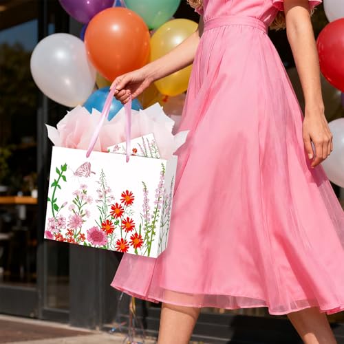 Konsait 13" Large Floral Gift Bags, Red and Pink Flower Gift Bags with Tissue Paper and Card for General Greeting, Bridal ...