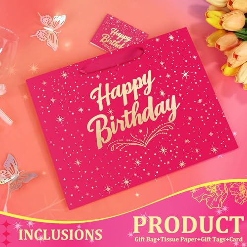BeiLaad 13" Pink Happy Birthday Gift Bag with Greeting Card and Tissue Papers, Happy Birthday Bag for Women Girls Party, G...