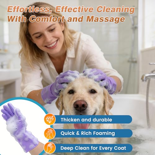 MIYIJHY 7PCS Dog Bath Brush | Pet Grooming Gloves | Storage Bag | Soothing Massage Rubber Comb with Adjustable Ring Handle...