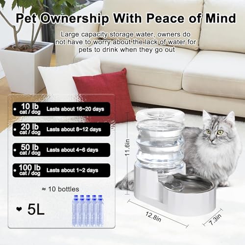 RIZZARI Dog Water Bowl Dispenser: 5L Large Stainless Steel Gravity Feeder - Helps Prevent Urinary Stones -Leak-Proof -Spil...