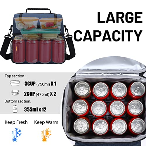 MIER Mens Insulated Lunch Box, Dual Compartment Large Lunch Bag Coolers with Shoulder Strap for Men Women Adult to Office ...