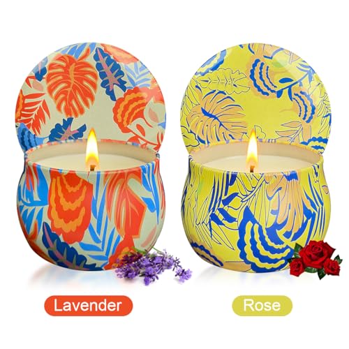 2 Pack Soy Candles Gift Set, 4.4 oz Aromatherapy Candles, Lavender and Rose Scents in Portable Tin Jars - for Home, Trave...