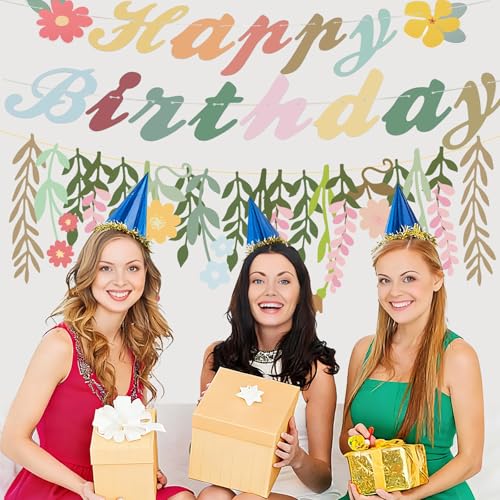 3 Pcs Flower Happy Birthday Decorations Hanging Paper Flower Garland Banner Spring Birthday Banner Groovy Boho Floral Part...
