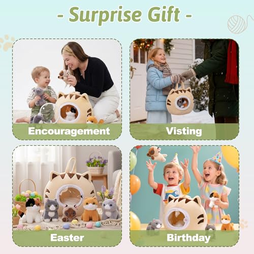 OUOZZZ Cat Stuffed Animal House – Plush Kitten Toy Set with 5 Soft Cats – Interactive & Travel-Friendly Kitties Carrier Pl...