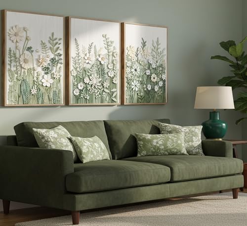 3 Pcs Sage Green Wildflowers Canvas Wall Art Neutral Minimalist Abstract Boho Floral Botanical Painting Pictures Wall Deco...