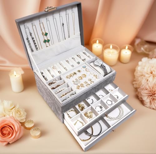 TOFUNTOY Jewelry Organizer Box, Large Jewelry Boxes for Women, 3-Layer Jewelry Holder Organizer for Necklace Earrings Ring...