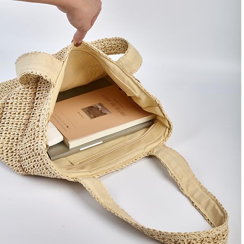 TOFUNTOY Straw Beach Bag for Women Summer Handmade Woven Shoulder Beach Tote Bag Large Capacity Tote Bag for Summer Vacation