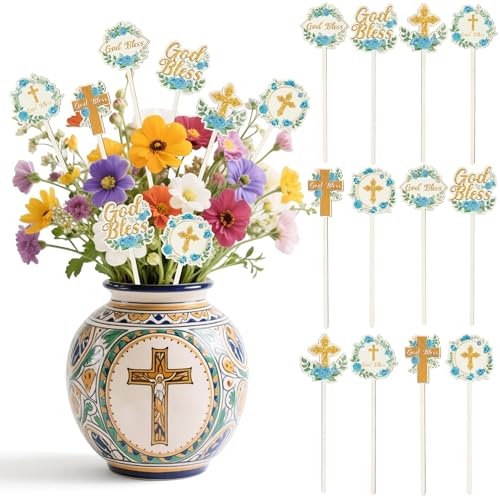 TICIAGA Floral God Bless Decorative Picks - 12PCS Religious Flower First Communion Cross Wooden Pick for Home Vase Filler ...