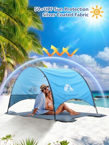 Kilindeer Beach Umbrella with UPF 50+ UV Protection, Portable Beach Tent Canopy with 360° Ventilation, 4 Sandbags, Wind Ro...