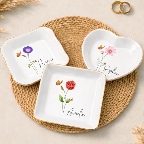 Personalized Birth Month Flower Trinket Tray for Women, Custom Jewelry Dish Birthday gifts for Women, Customized Birth Mon...