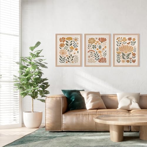 3Pcs Boho Abstract Floral Wall Art Minimalist WildFlower Wall Decor Pictures Modern Botanical Warm Earthy Tones Canvas Pos...