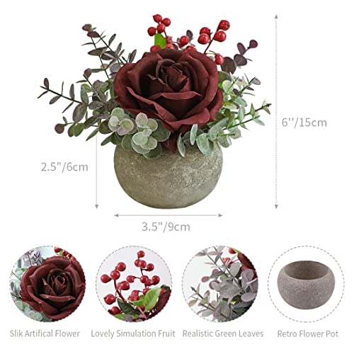 Rosscer Small Artificial Burgundy Rose Potted Plant, 6" Fake Silk Flowers in 3.5" Round Pot, Mini Faux Floral Arrangement ...