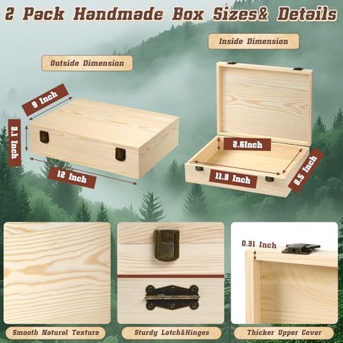 HIPNOOK 2 Pack Unfinished Wooden Box with Lid – 12"x9"x3.1" Decorative Storage Keepsake Memory Boxes Natural Pine Wooden B...
