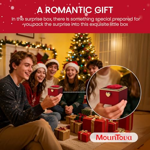 mountova Valentine’s Day Gift for Her Preserved Rose Surprise Box with Heart Necklace, Luxury Flip Jewelry Box, Romantic G...