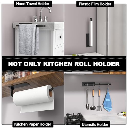 Paper Towel Holder - Self-Adhesive or Drilling, Matte Black, Upgraded Aluminum Kitchen Roll Dispenser Under Cabinet, Light...