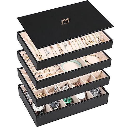 Voova Stackable Jewelry Organizer Tray with Lid, PU Leather Jewelry Storage Holder for Drawer Inserts, Jewellery Display B...