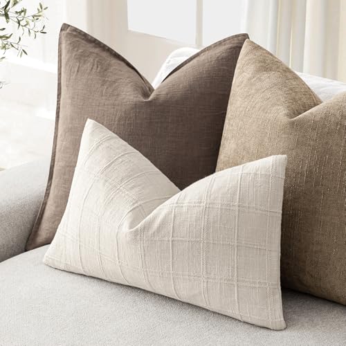 Foindtower Set of 1 Decorative Linen Check Throw Pillow Cover Neutral Farmhouse Lumbar Cushion Cover Modern Boho Home Deco...