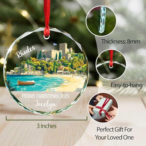 Greece Rhodes Beach Xmas Glass Ornament, City Travel Souvenir Collection Keepsake Gifts, Custom Text & Name Travel Enthusi...