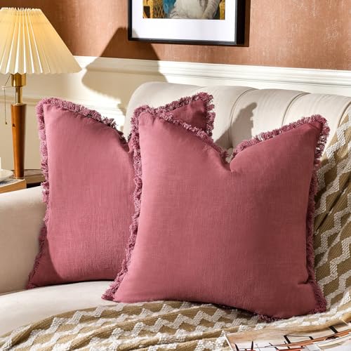 AmHoo Pack of 2 Linen Pillow Covers with Tassels Fringed Decorative Rustic Natural Throw Pillowcase Cushion for Couch Sofa...