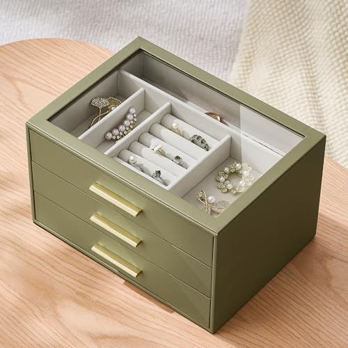 Jewelry Box Organizer Case for Women: 3-Layer Jewelry Storage Case with Glass Window, Olive Green Leather with Cream Velve...