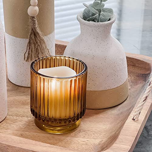 Kate Aspen Vintage Glass Tealight & Amber Votive Candle Holders (Set of 6) Rustic Fluted Candle Holder Set, Boho Home Deco...