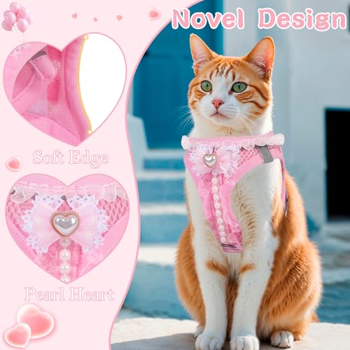 NCMAMA Cat Harness and Leash Set,Escape Proof Adjustable Kitten Harness with Cute Pink Bow,Breathable Reflective Strips Ha...