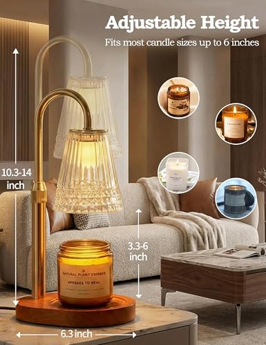 Candle Warmer Lamp with Timer Dimmable, Height Ajustable Candle Lamp Warmer for Jar Candles, Gold Electric Lamp Candle War...