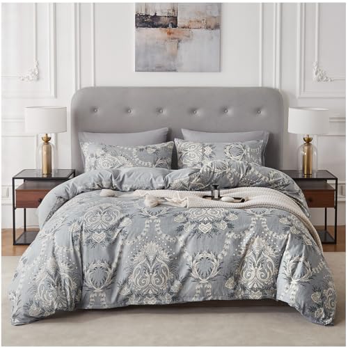 Grey Floral Duvet Cover Set Full Size Bedding Quilt Comforter Cover Reversible Duvet Covers Microfiber Bedspread Floral Be...
