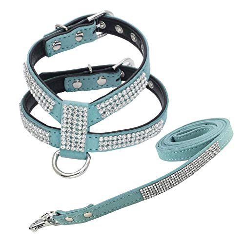 Newtensina Fashion Puppy Harness with Diamantes and Lead Cute Girl Bling Dog Harness with Bling Leash for Small Dogs - Blu...