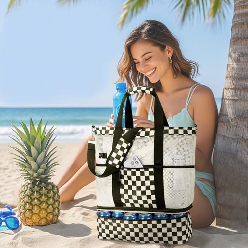 Bluboon Mesh Beach Tote Bag with Cooler Compartment Insulated Detachable Picnic Bag with Zipper and Pocket Pool Bag for Women
