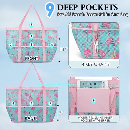 Fammart Mesh Beach Bag for Women, Large Beach Toy Pool Bag with Zipper Pocket, SandProof Cruise Essentials 2026 Family Travel
