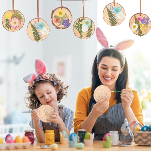 Maasechs 20 Set Spring DIY Wooden Crafts with Dried Pressed Flowers Leaves Unfinished Wood Slices Hanging Ornaments for Ar...